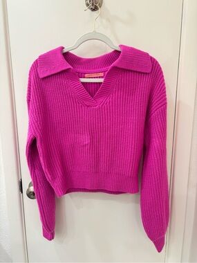 Signature8 Hot Pink Ribbed V-Neck Sweater with Collar